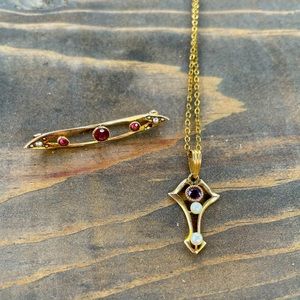 10k Gold Victorian Necklace and Brooch with Amethyst & Seed Pearls